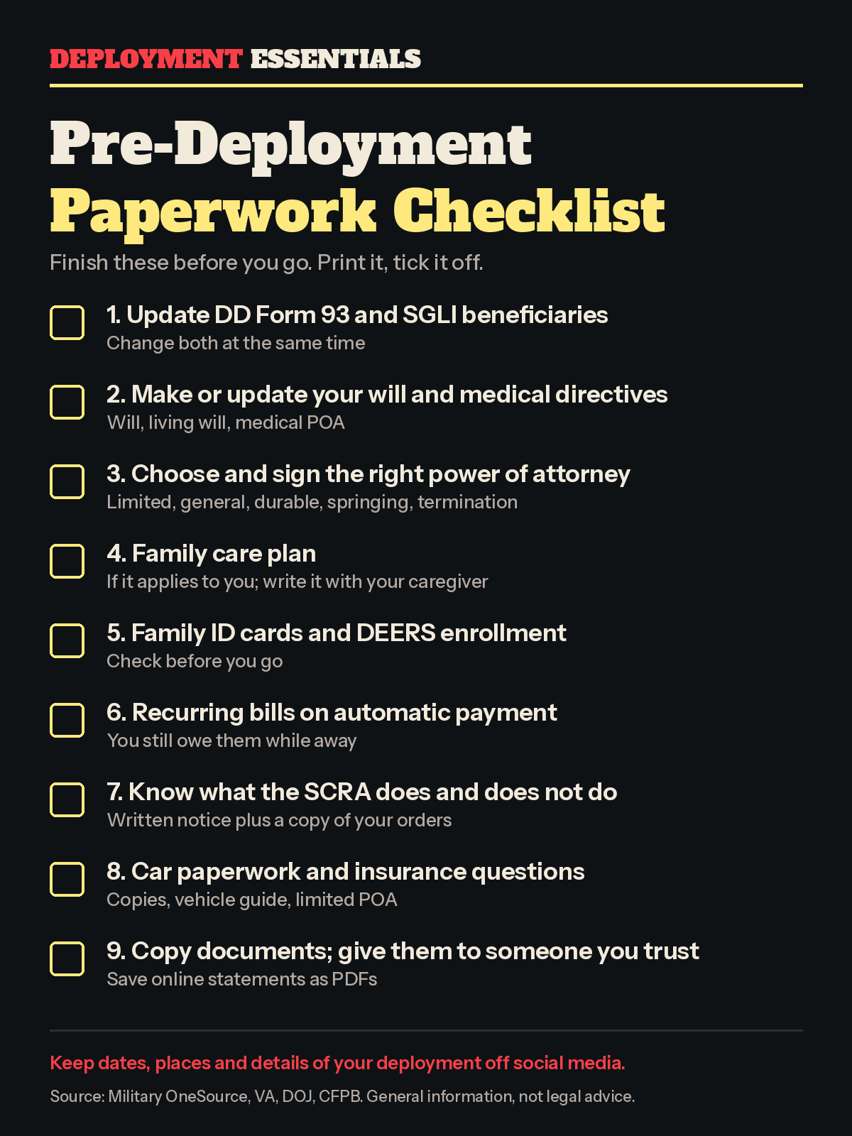 Pre-deployment paperwork checklist card listing nine items, from DD Form 93 and SGLI to copies of documents